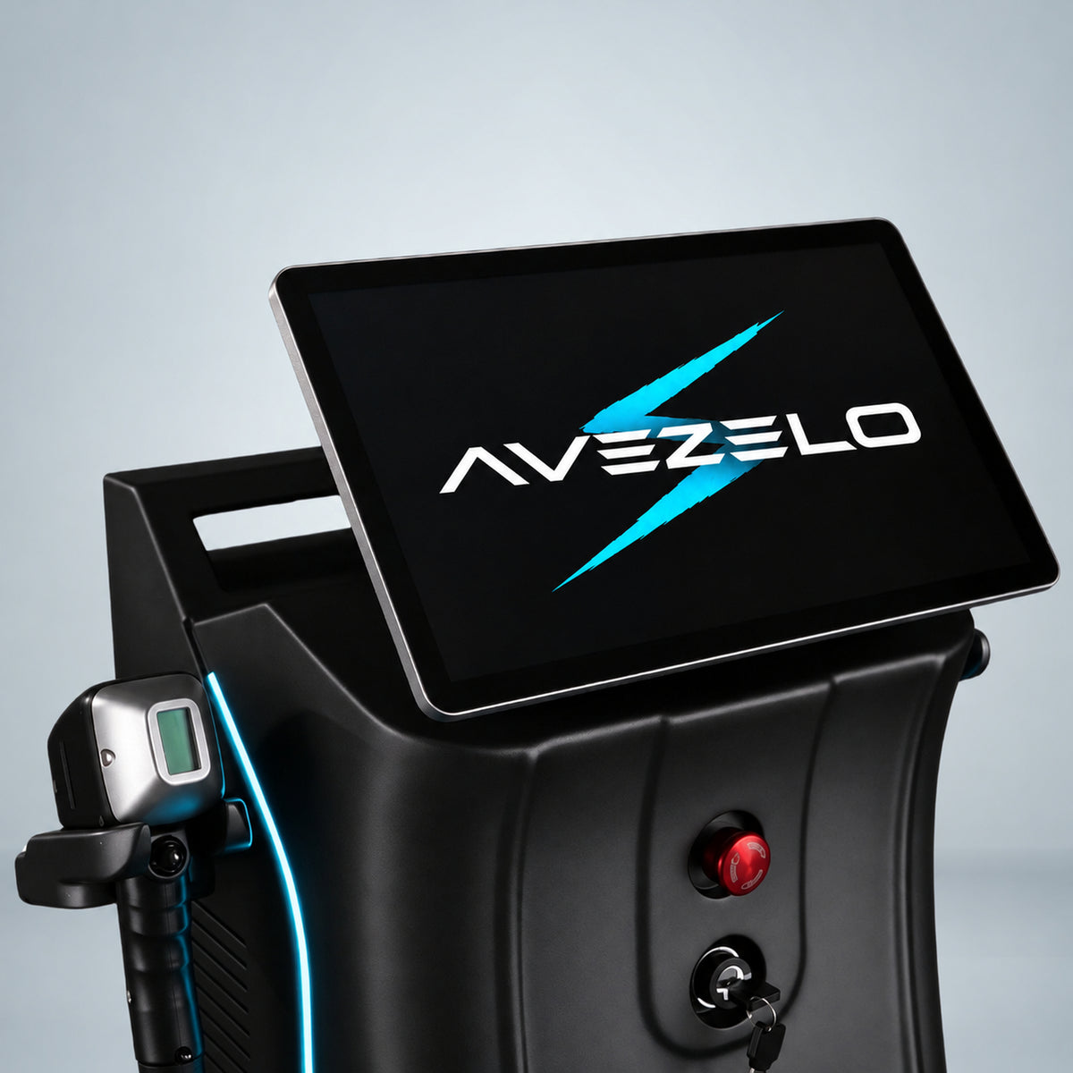 Close-up of the Avezelo S screen logo: a white AVEZELO wordmark crossed by an ice-blue S.