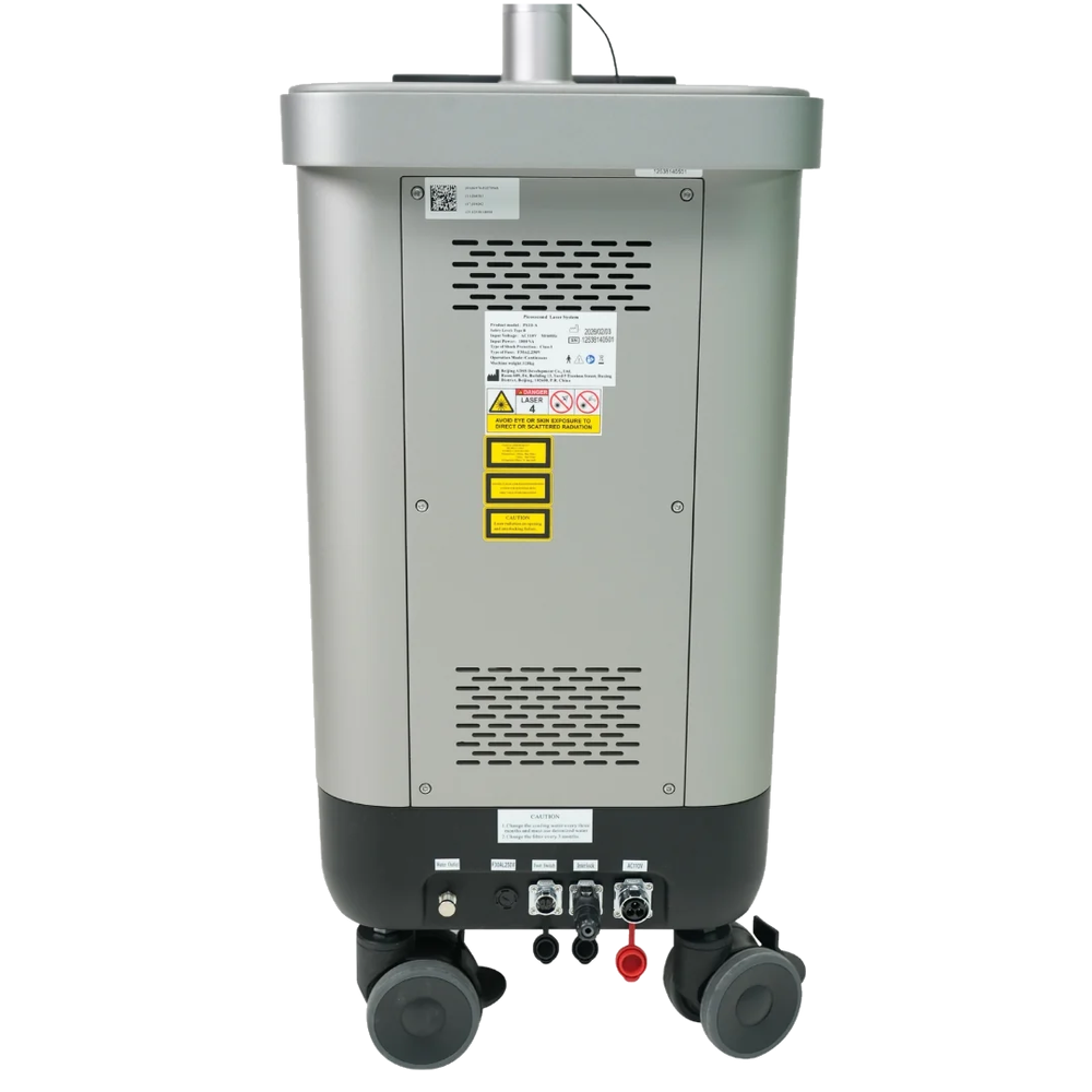 Rear view of the DioLaz Picosecond Laser system, ventilation and service connections, isolated on a transparent background